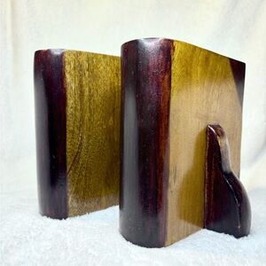 Vintage Hand carved wooden bookends, Light Dark Wood Book Library Set Of 2 MCM